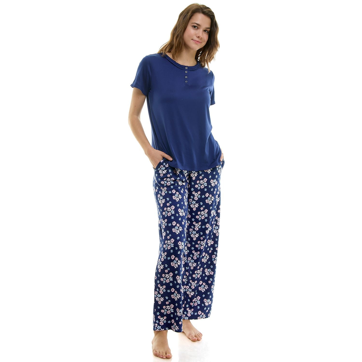 Women s Croft Barrow Short Sleeve Pajama Top Pajama Pants Set Color Ardent Ditsy Size LARGE Walmart