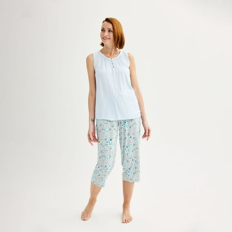 Women s Croft Barrow Smocked Sleeveless Pajama Top Cropped Drawstring Pajama Pants Set Color Gray Floral Size SMALL Walmart
