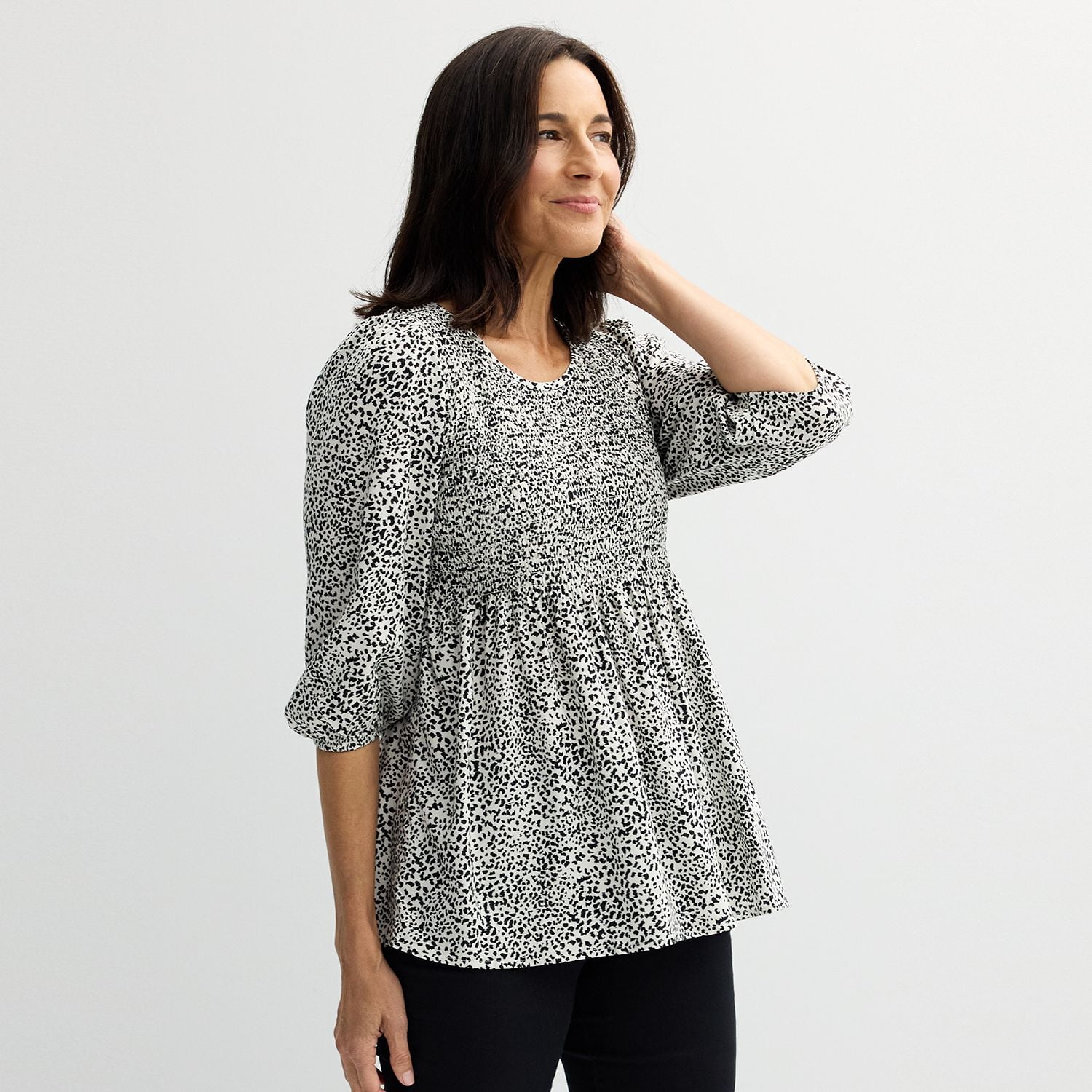 Collared Denim Blouse with 3/4 Smocked Sleeves main image 1