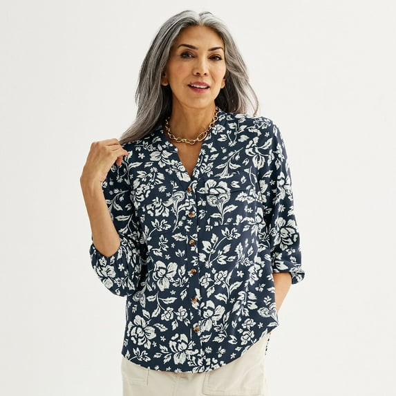 Women's Croft & Barrow® Y-Neck Blouse Color: Navy Blooms Size: X LARGE