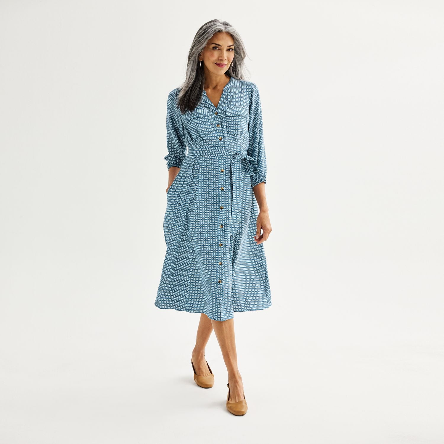 croft and barrow maxi dress NEW Croft barrow maxi dress Women 3X ruffle hem 3/4 Sleeve navy pink  geometric