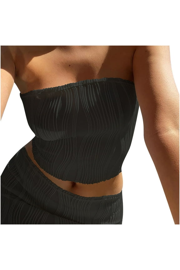 Women's Crop Bandeau Top Sleeveless Off Shoulder Blouses Stretchy Summer Pleated Strapless Tube Top Camisole Tshirt