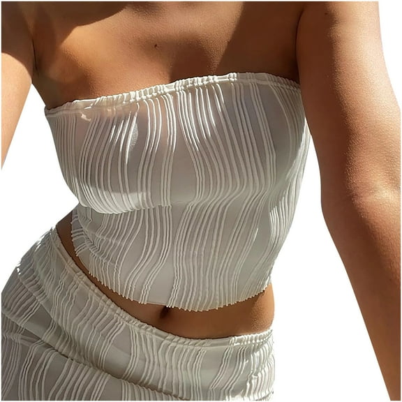 Women's Crop Bandeau Top Sleeveless Off Shoulder Blouses Stretchy Summer Pleated Strapless Tube Top Camisole Tshirt