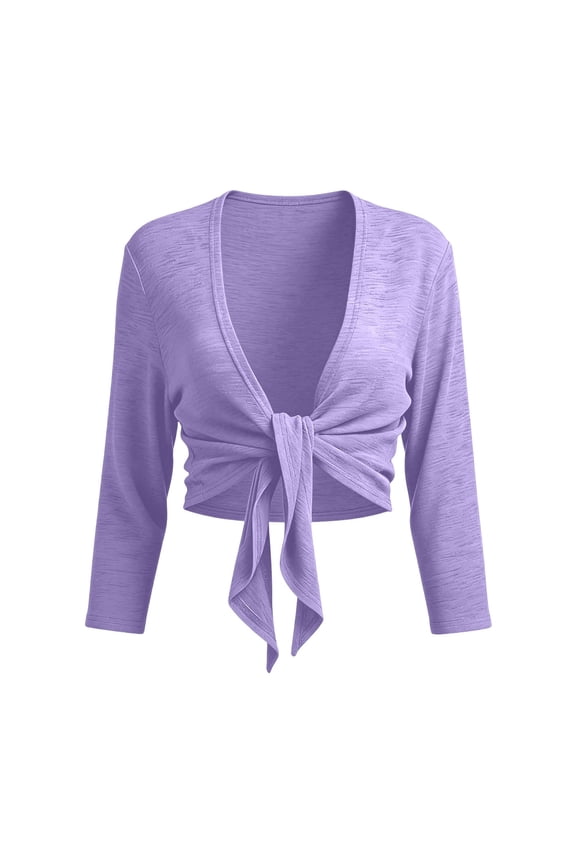 Women's Crop Chiffon Shrug Cardigan 3/4 Sleeve Tie Front Lightweight Sweater Bolero Cove Up Trendy Shawl Cape