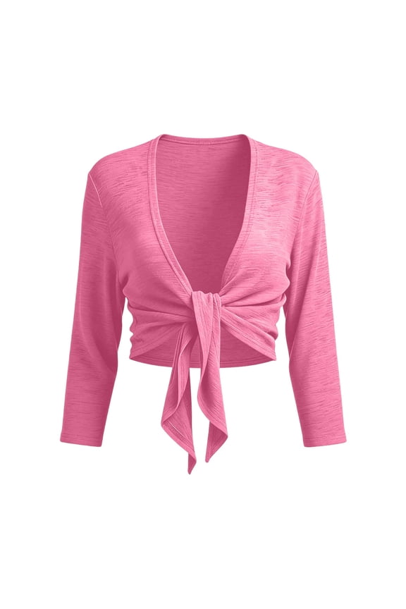 Women's Crop Chiffon Shrug Cardigan 3/4 Sleeve Tie Front Lightweight Sweater Bolero Cove Up Trendy Shawl Cape