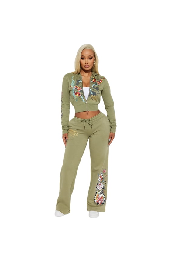 Women's Crop Hooded Two Piece Outfit Sets Long Sleeve Zip Drawstring Waist Graphic Print Tracksuit Spring Fall Olive Green M