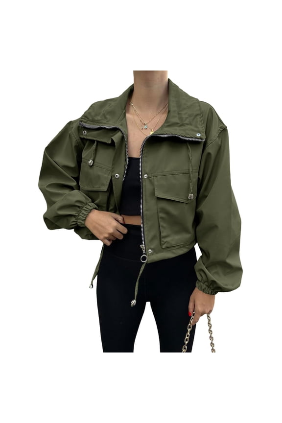 Women's Crop Jacket Collared Long Sleeve Zip Up Jackets with Pockets Elastic Cuffs Solid Color Trendy Outfits Army Green S