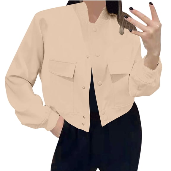 Women's Crop Jacket No Hood Button up Sweatshirt Cargo Short Coat Long Sleeve Casual 2025 Fall Fashion Clothes (XL, Khaki)