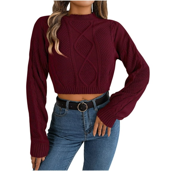 Women's Crop Knitted Sweater Long Sleeve Crewneck Short Pullover Jumper Wine,S