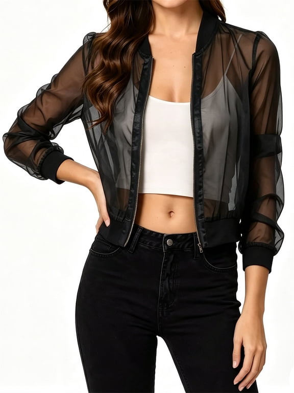Women's Crop Mesh Sheer Bomber Jackets Lightweight Long Sleeve Zip Up Jacket Outwear