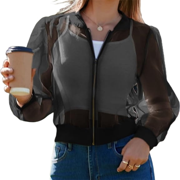 Women's Crop Mesh Sheer Bomber Jackets Lightweight Long Sleeve Zip Up Jacket Outwear