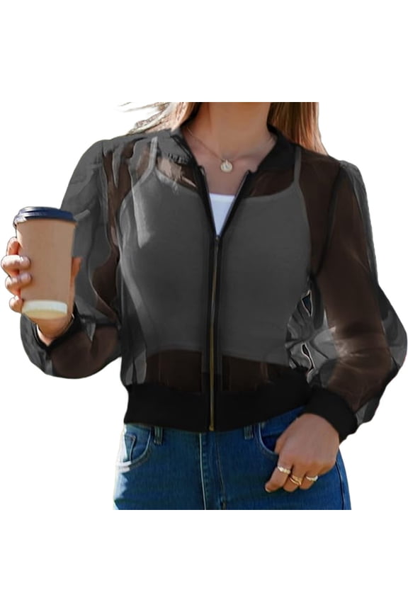 Women's Crop Mesh Sheer Bomber Jackets Lightweight Long Sleeve Zip Up Jacket Outwear