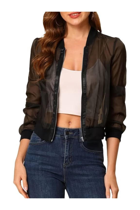 Women's Crop Mesh Sheer Bomber Jackets Lightweight Long Sleeve Zip Up Jacket Outwear