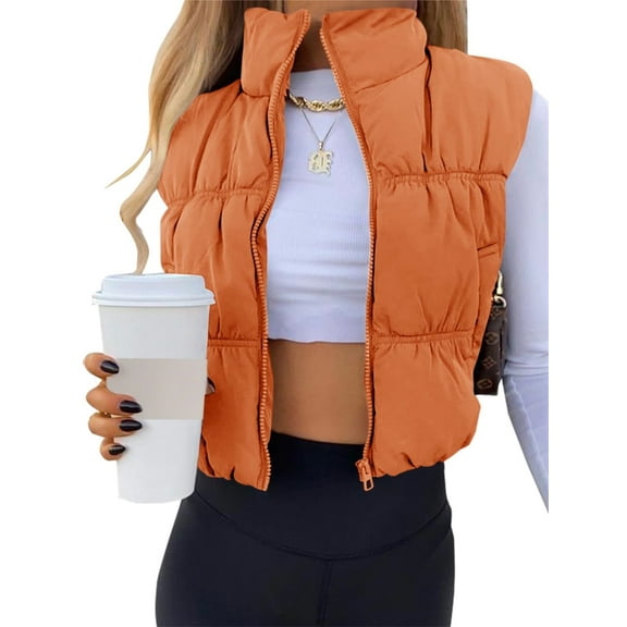 Women's Crop Puffer Vest Zip Up Front Lightweight Warm Long Sleeve Tops