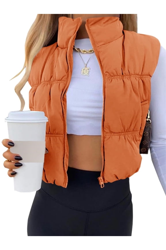 Women's Crop Puffer Vest Zip Up Front Lightweight Warm Long Sleeve Tops