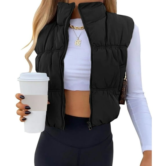 Women's Crop Puffer Vest Zip Up Front Lightweight Warm Long Sleeve Tops