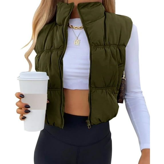 Women's Crop Puffer Vest Zip Up Front Lightweight Warm Long Sleeve Tops
