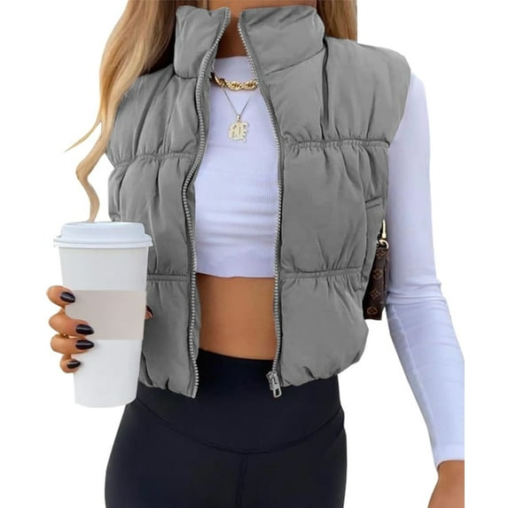 Women's Crop Puffer Vest Zip Up Front Lightweight Warm Long Sleeve Tops
