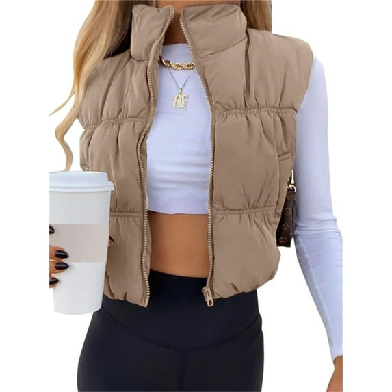 Women's Crop Puffer Vest Zip Up Front Lightweight Warm Long Sleeve Tops