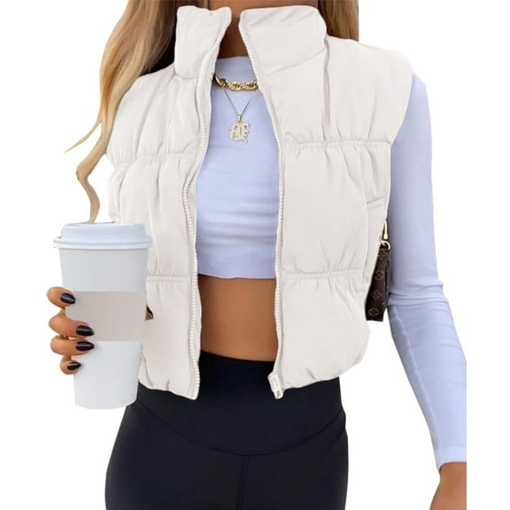 Women's Crop Puffer Vest Zip Up Front Lightweight Warm Long Sleeve Tops