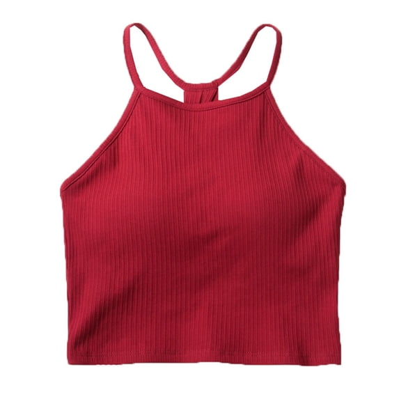 Women's Crop Seamless Rib-Knit Camisole Racer Back Spaghetti Strap Workout Yoga Cropped Tank Tops with Built In Bra