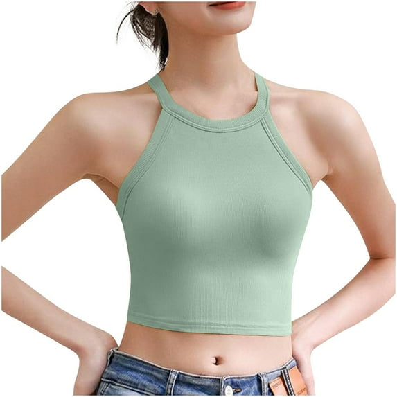 Women's Crop Sport Tank Top with Built in Bra Knitted Cotton Halter Neck Tank Sleeveless Backless Crew Neck Tank Top Summer Short Gym Yoga Vest