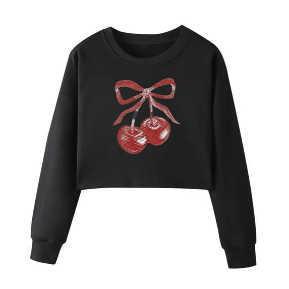 Women's Crop Sweatshirts Fruit Cherry Print Cute Pullover Long Sleeve Tops for Teen Girls Short Blouses (S, Black)