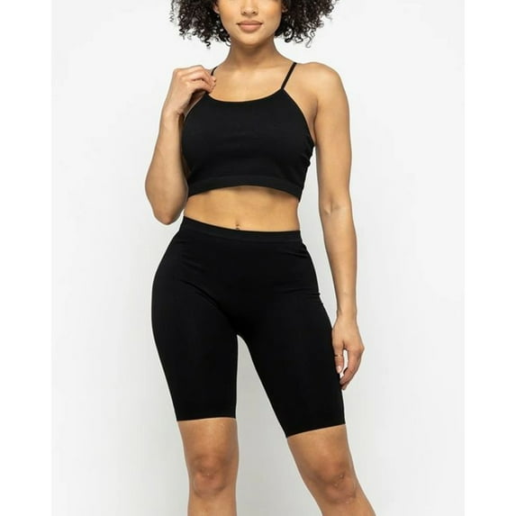Women's Crop Top & Biker Shorts Casual Athletic Spaghetti Strap Fitness Top Set, Black, S/M