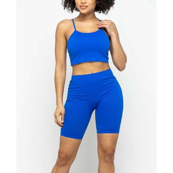 Women's Crop Top & Biker Shorts Casual Athletic Spaghetti Strap Fitness Top Set, Royal, L/XL