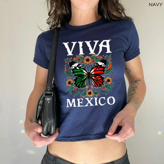 Women's Crop Top Butterfly Viva Mexico Baby Tee Mexican T-shirt