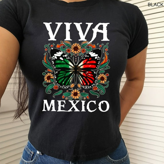 Women's Crop Top Butterfly Viva Mexico Baby Tee Mexican T-shirt