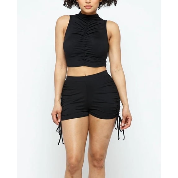 Women's Crop Top & High Waisted Shorts Casual Loungewear Shirring Fabric Set, Black, S