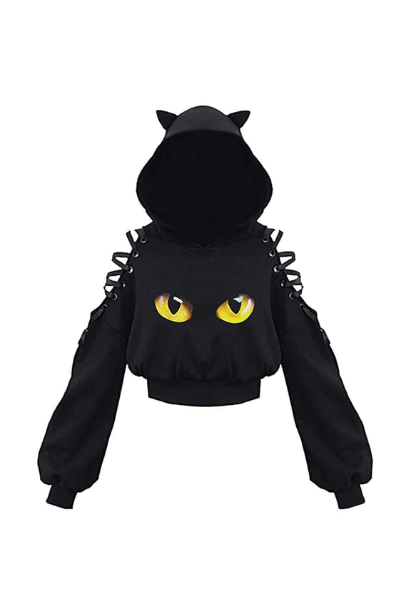 Women's Crop Top Hoodie Cute Ear Cat Off Shoulder Hollow Out Lace Up Long Sleeve Pullover Sweatshirt Punk Top