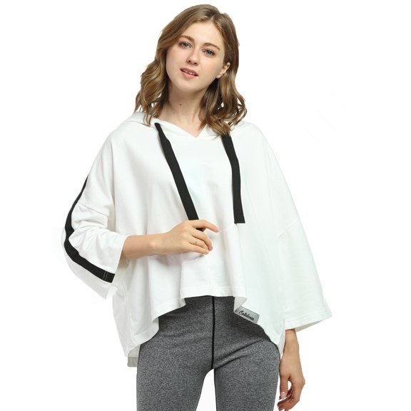 Women’s Crop Top Hoodie Sweatshirt Oversized Casual 3/4 Sleeve One Size White