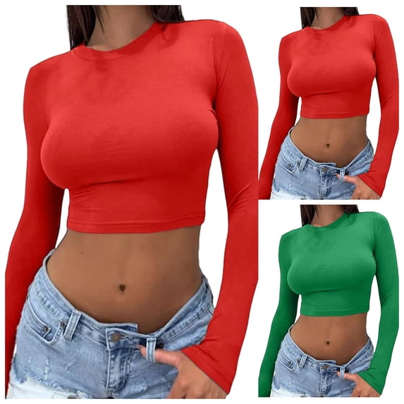 Women's Crop Top Long Sleeve Slim Fit Crewneck Solid Casual Tee Streetwear Basic Shirt Green L