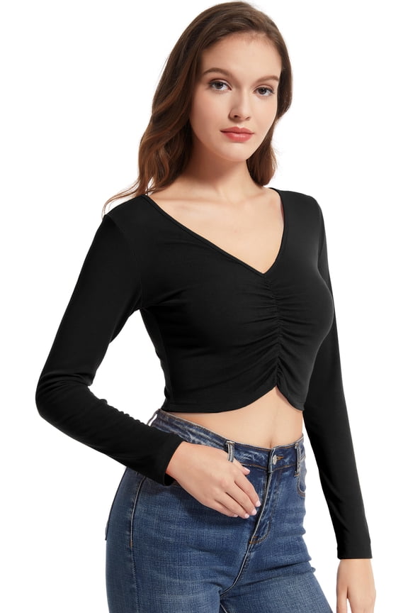 Women's Crop Top Long Sleeve V-Neck Ruched Front Slim Fit Ribbed T-Shirt