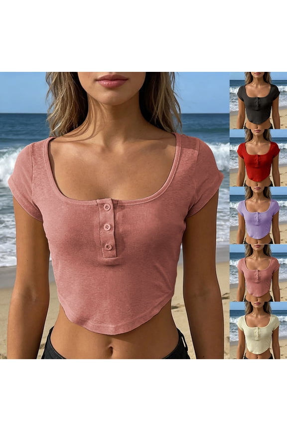 Women's Crop Top Short Sleeve Button Down Collar Slim Fit Sheer Basic Tee Summer Black L