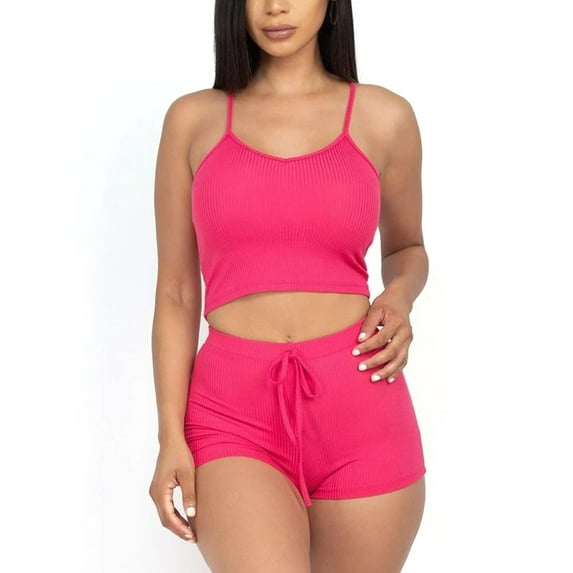 Women's Crop Top Sports Bra & High Waisted Shorts Fitness Gym Workout Yoga Set, Fuchsia, M