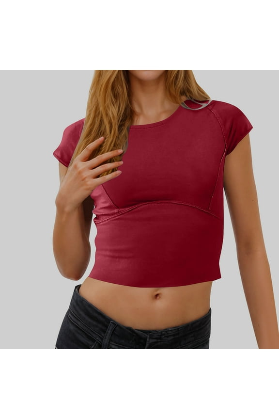 Women's Crop Top Trendy Athletic Yoga Tees Trendy Slim Fit Cap Sleeve Y2k Blouses Fitness Compression Shirt (2XL, Wine)