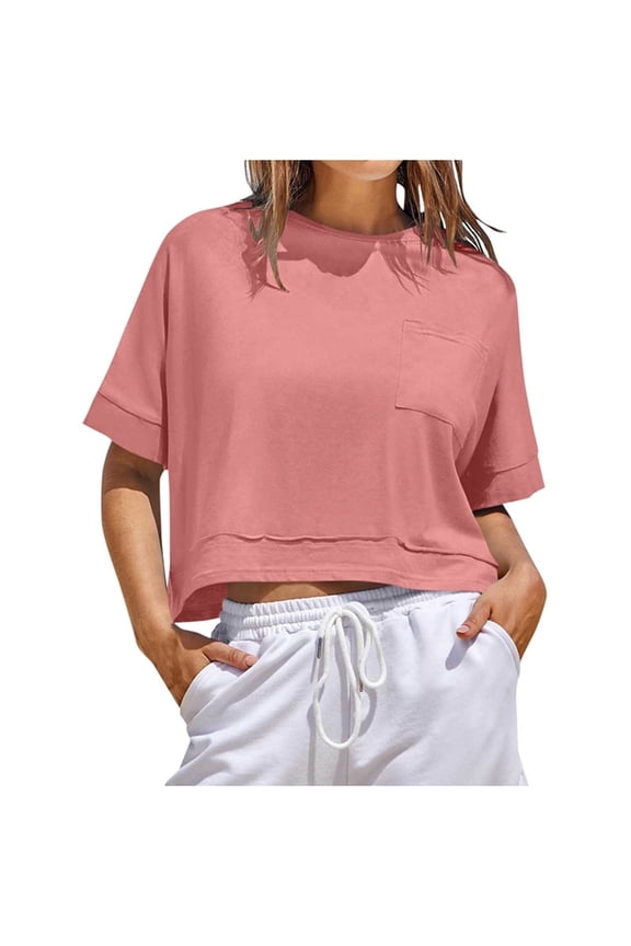 Women's Crop Tops Fashion Solid Color Crewneck Short Sleeves T-Shirts Summer Casual Loose Comfy Shirts Blouse Top Hot Pink X-Large