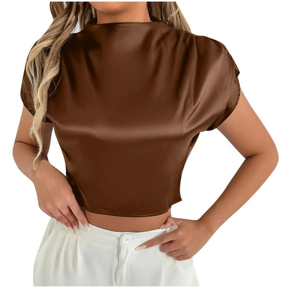 Women's Crop Tops Keyhole Back Ruffle Short Sleeve Slim Fit Fashion Blouses Soft Summer Solid Color Clothes (L, Coffee)