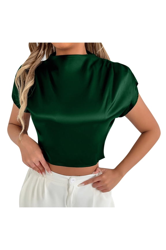 Women's Crop Tops Keyhole Back Ruffle Short Sleeve Slim Fit Fashion Blouses Soft Summer Solid Color Clothes (M, Green)