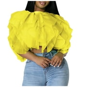 JSAIERL Women's Crop Tops Sexy Puffy Tulle Blouses Fluffy Ruffle Mesh Chiffon Shirts Wedding Party Y2K Streetwear Clubwear
