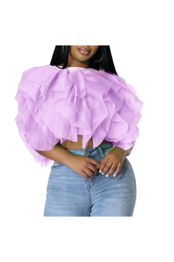 Women's Crop Tops Sexy Puffy Tulle Blouses Fluffy Ruffle Mesh Chiffon Shirts Wedding Party Y2K Streetwear Clubwear
