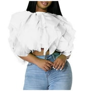 JSAIERL Women's Crop Tops Sexy Puffy Tulle Blouses Fluffy Ruffle Mesh Chiffon Shirts Wedding Party Y2K Streetwear Clubwear