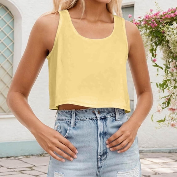 Women's Crop Tops Sleeveless Scoop Neck Loose Fit Tank Tops Summer Basic Shirts (Yellow L)