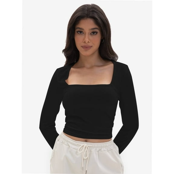 Women's Crop Tops Square Neck Shirts Long Sleeve Cropped Tshirts Fitted Tees Basic Clothes Sexy Casual