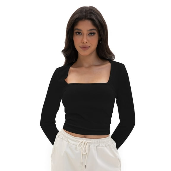 Women's Crop Tops Square Neck Shirts Long Sleeve Cropped Tshirts Fitted Tees Basic Clothes Sexy Casual