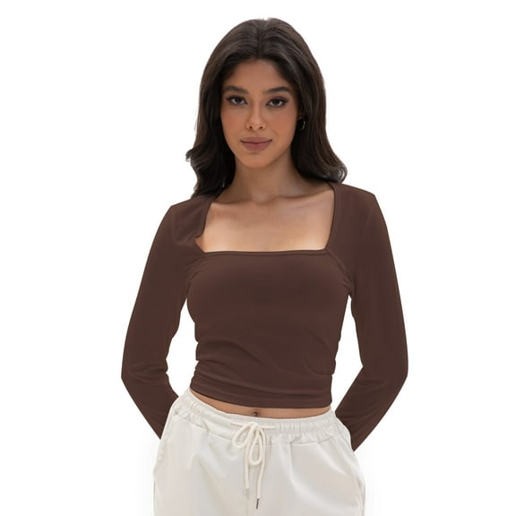 Women's Crop Tops Square Neck Shirts Long Sleeve Cropped Tshirts Fitted Tees Basic Clothes Sexy Casual