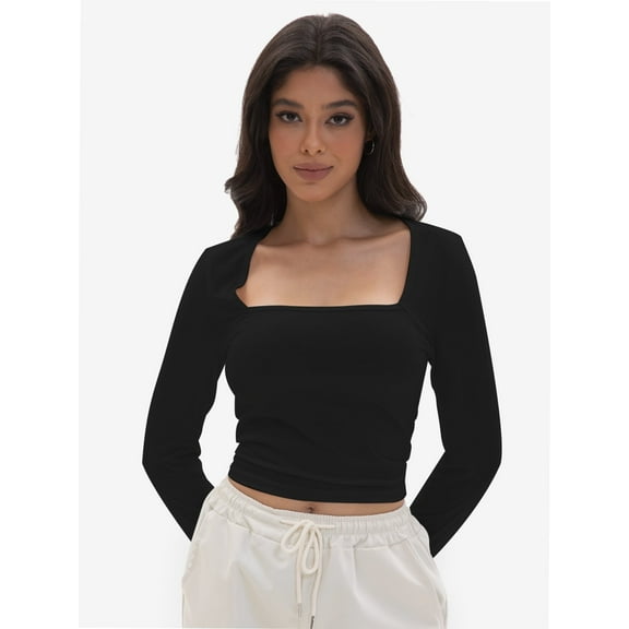 Women's Long Sleeve Crop Top - Square Neck Fitted T-Shirt, Basic Casual Tee, Sexy Cropped Shirt
